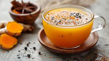Spicy Cup of Turmeric Tea vibrant cup of turmeric tea packed with health benefits and spices beautifully displayed in a clean backdrop photo