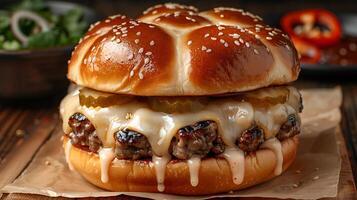 Shanghai Soup Dumpling Burger juicy beef patty with a brothfilled center inspired by the famous xiaolongbao dumpling photo
