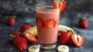 Refreshing StrawberryBanana Smoothie Served a Glass A creamy smoothie made with strawberries and bananas garnished with fruit slices for added appeal photo