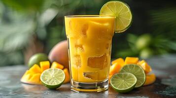Refreshing MangoLime Juice Served a Tall Glass A zesty mangolime juice served tall garnished with slices of mango and lime for a vibrant look photo