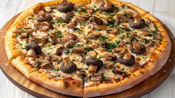 Mushroom Truffle Pizza Earthy mushrooms and aromatic truffle oil on a thin crust with mozzarella photo