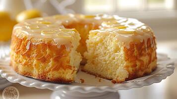 Light fluffy lemon chiffon cake with lemon glaze cut out on an isolated simple minimalist background photo