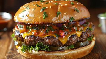 London Curry Burger Spicy curryflavored beef patty topped mango chutney and lettuce on a toasted bun photo
