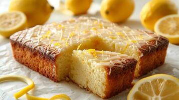 Lemon drizzle cake cut out an isolated simple minimalist background photo