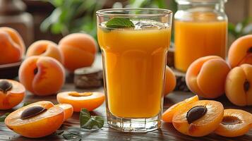Glass of Tangy Apricot Juice Apricot Slices A sweet and tangy apricot juice served in a clear glass beautifully garnished with fresh apricot slices photo