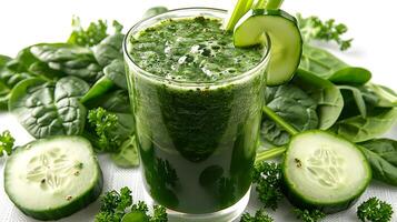Glass of Invigorating Cucumber Spinach Celery Juice A refreshing green juice blend with cucumber spinach and celery garnished with fresh ingredients photo
