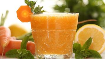 Glass of Invigorating Carrot Juice a Carrot Garnish A nutrientrich carrot juice served in a clear glass adorned with a fresh carrot garnish photo
