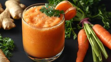 Glass of Invigorating Carrot Ginger Juice A vibrant carrot juice infused with ginger elegantly garnished with carrot and ginger for a zesty touch photo