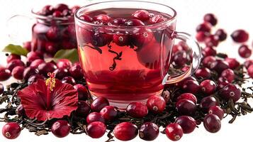 Fruity Cup of Cranberry Hibiscus Tea vibrant cup of cranberry hibiscus tea bursting with fruity and floral notes elegantly displayed on a clean background photo