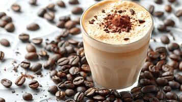 Frothy Oat Milk Latte Cocoa A creamy oat milk latte topped with a sprinkle of cocoa and surrounded by aromatic coffee beans for an inviting presentation photo