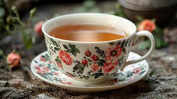 Floral Cup of Rose Tea fragrant cup of rose tea showcasing its lovely aroma and color elegantly displayed on a simple background photo