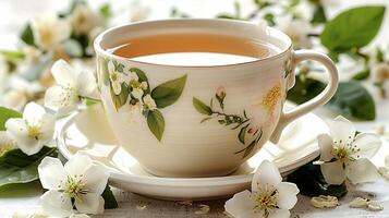 Floral Cup of Jasmine Green Tea fragrant cup of jasmine green tea offering delicate floral notes captured beautifully against a minimalist backdrop photo