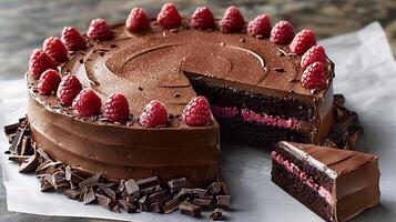 Decadent chocolate raspberry cake cut out an isolated simple minimalist background photo