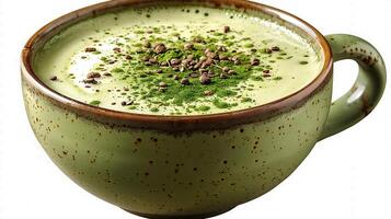 Creamy Cup of Matcha Latte Tea creamy matcha latte tea highlighting its vibrant green color and rich flavor elegantly displayed on a clean backdrop photo