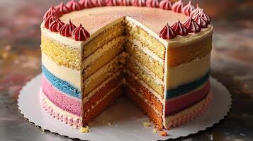 Colorful rainbow cake buttercream frosting cut out on an isolated simple minimalist background photo