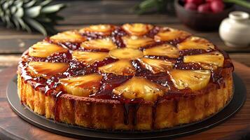 Classic pineapple upsidedown cake caramelized pineapple topping cut out on an isolated simple minimalist background photo