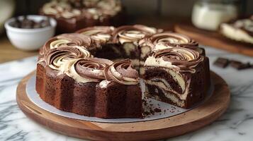 Classic marble cake swirls of chocolate and vanilla cut out on an isolated simple minimalist background photo