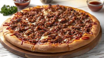 Bbq pulled pork pizza cut out on an isolated simple minimalist background photo