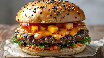 Bangkok mango sticky rice burger cut out on an isolated simple minimalist background photo