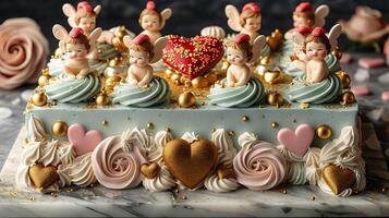 Whimsical Valentine's Day cake with cupid figurines and gold accents cut out on an isolated simple minimalist background photo