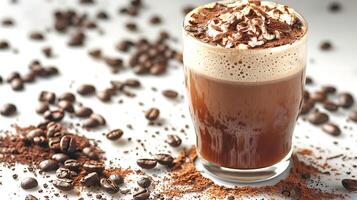 Rich and indulgent mocha with a sprinkling of coffee beans all cut out on an isolated simple minimalist background photo