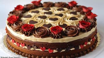 Sweet Valentine's Day cake with red roses and chocolate hearts cut out on an isolated simple minimalist background photo