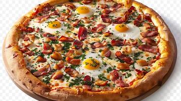 Bacon and egg breakfast pizza cut out on an isolated simple minimalist background photo
