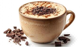 Frothy oat milk latte with a sprinkle of cocoa cut out on an isolated simple minimalist background photo