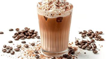 Refreshing iced coffee with whipped cream and scattered coffee beans all cut out on an isolated simple minimalist background photo