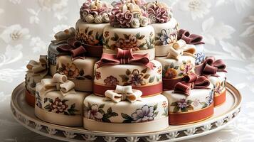 Festive tiered birthday cake with icing ribbons and bows cut out on an isolated simple minimalist background photo