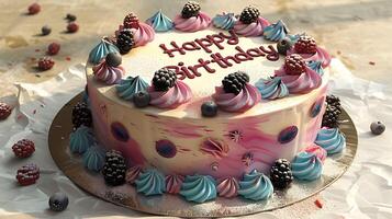 Joyful birthday cake with a Happy Birthday message cut out on an isolated simple minimalist background photo
