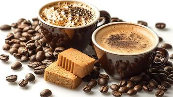 Double shot espresso with a side of coffee beans all cut out on an isolated simple minimalist background photo