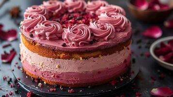 Dreamy Valentine's Day cake with ombre pink frosting and edible rose petals cut out on an isolated simple minimalist background photo