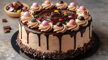 Delightful birthday cake with candy toppings and chocolate drizzle cut out on an isolated simple minimalist background photo