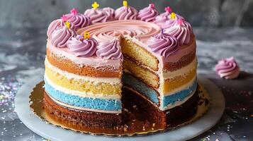 Whimsical birthday cake with rainbow frosting cut out on an isolated simple minimalist background photo