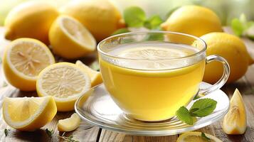 Zesty cup of lemon tea cut out on an isolated simple minimalist background photo