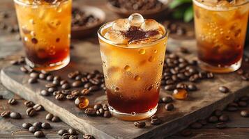 Vibrant and flavorful Vietnamese iced coffee with a handful of coffee beans all cut out on an isolated simple minimalist background photo