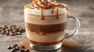Velvety macchiato with caramel drizzle cut out on an isolated simple minimalist background photo
