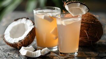 Tropical coconut water served in a glass with a coconut garnish cut out on an isolated simple minimalist background photo
