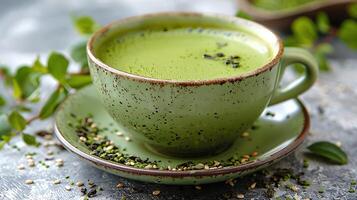 Traditional cup of Japanese matcha tea cut out on an isolated simple minimalist background photo