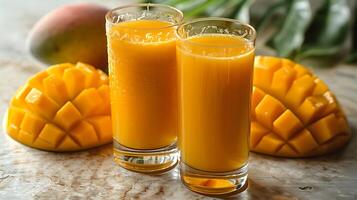 Tropical mango juice served in a tall glass cut out on an isolated simple minimalist background photo