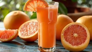 Tall glass of tangy grapefruit juice with a slice of grapefruit cut out on an isolated simple minimalist background photo