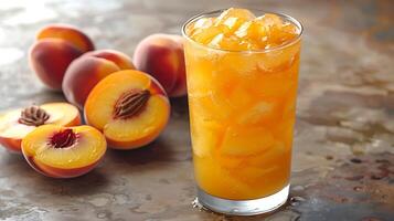 Tall glass of refreshing peach juice with peach slices cut out on an isolated simple minimalist background photo