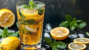 Tall glass of refreshing mint lemonade with mint leaves and lemon slices cut out on an isolated simple minimalist background photo