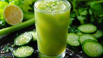 Tall glass of refreshing cucumber and celery juice cut out on an isolated simple minimalist background photo