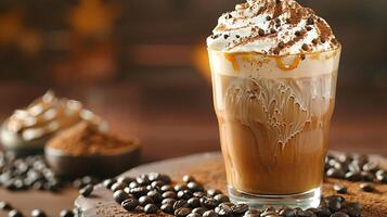 Sweet and creamy caramel macchiato with a sprinkling of coffee beans all cut out on an isolated simple minimalist background photo