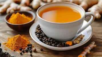 Spicy cup of turmeric tea cut out on an isolated simple minimalist background photo