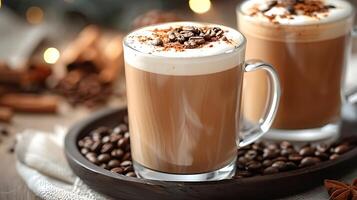 Spicy and aromatic chai latte with a sprinkle of coffee beans all cut out on an isolated simple minimalist background photo