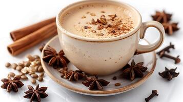 Spicy and aromatic chai latte cut out on an isolated simple minimalist background photo