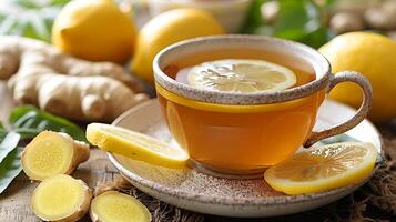 Soothing cup of ginger lemon tea cut out on an isolated simple minimalist background photo